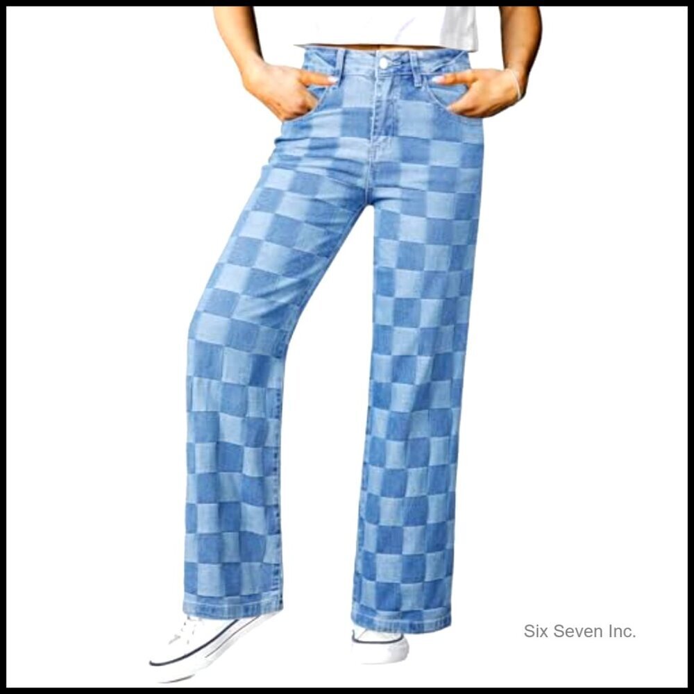 Wide Leg Jeans High Waisted Stretchy Straight Leg Checkered Loose Denim Pants - Picture 2 of 7